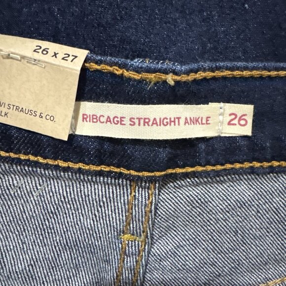 Levis Ribcage Straight Ankle Jeans Women 26 Stretch Distressed Dark Wash Denim - Picture 5 of 13